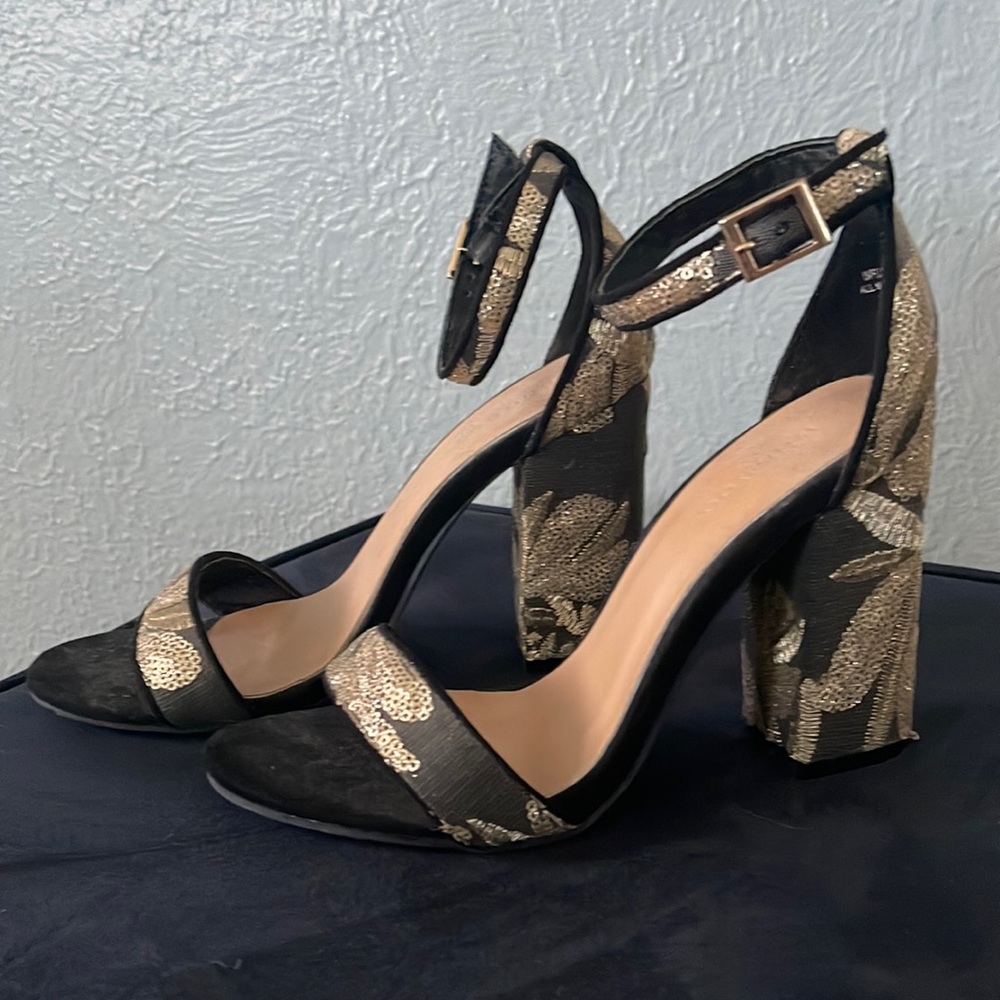 BAMBOO Black and Gold Floral Block Heel Sandals with Ankle Strap
